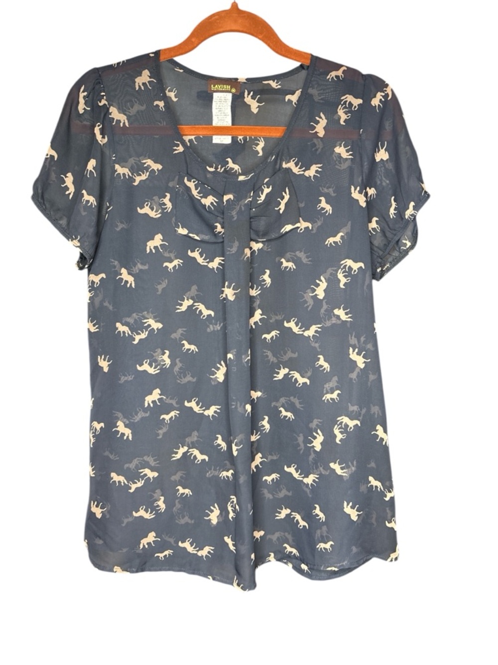 Navy Short Sleeve Blouse with Cream Horse Motif size M